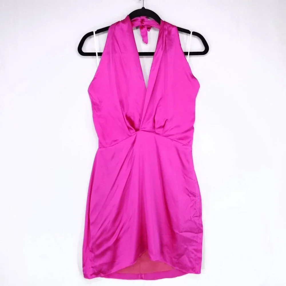 Revolve Amanda Uprichard Silk Mini Dress Size Medium Halter Hot Pink *altered - Picture 1 of 15